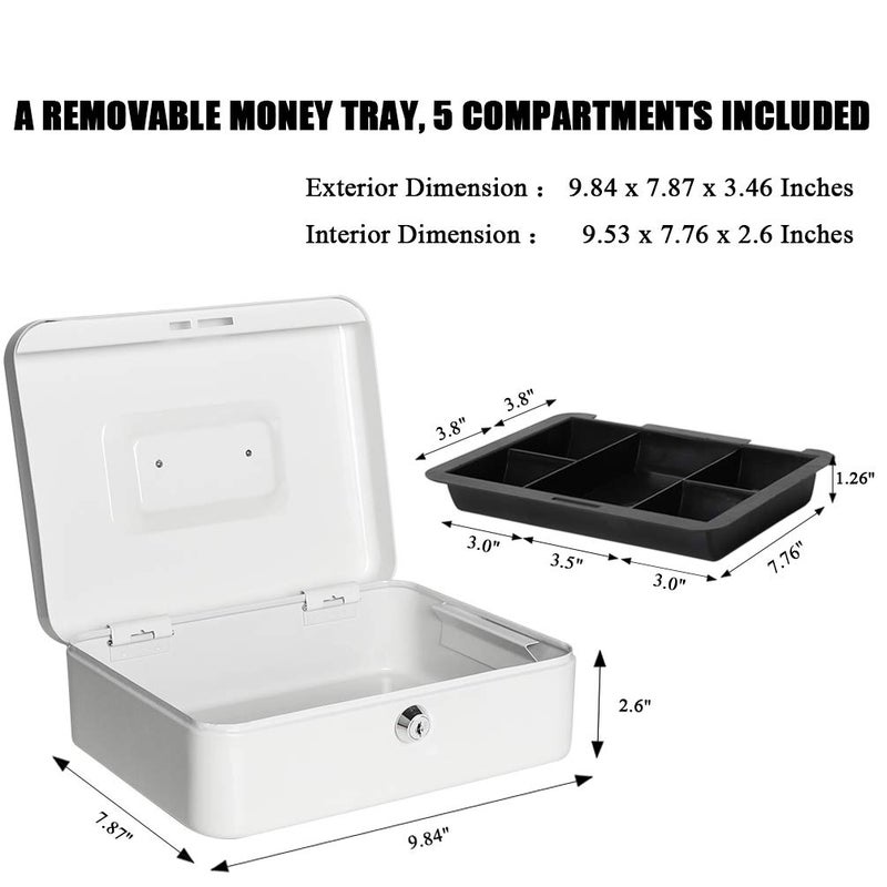 Jssmst Locking Large Metal Cash Box with Money Tray, Lock Box, White - Image 3